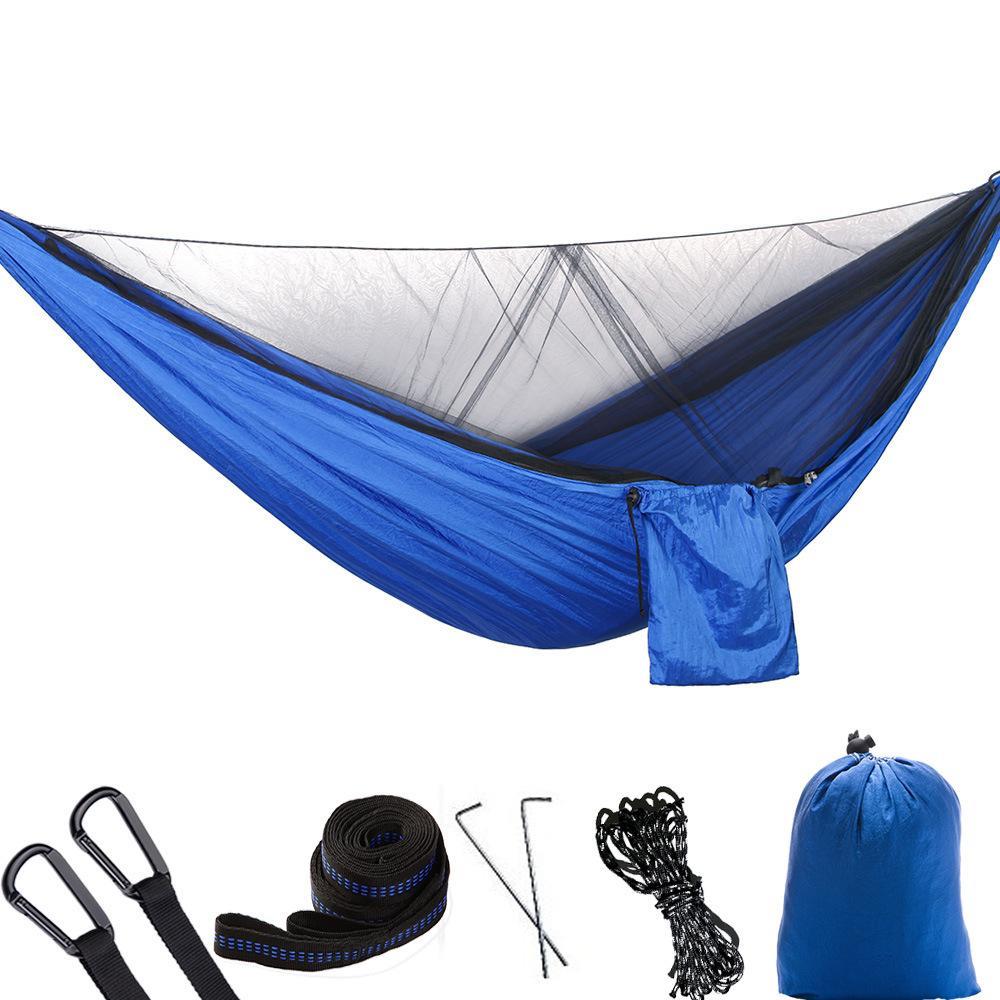 1-2 Person Portable Outdoor Camping Hammock with Mosquito Net High Strength Parachute Fabric Hanging Bed Hunting Sleeping Swing BLUE