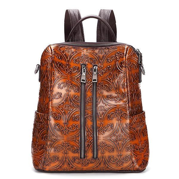 Women Genuine Leather Brush Travel Backpack Embossed Shoulder Bag 02