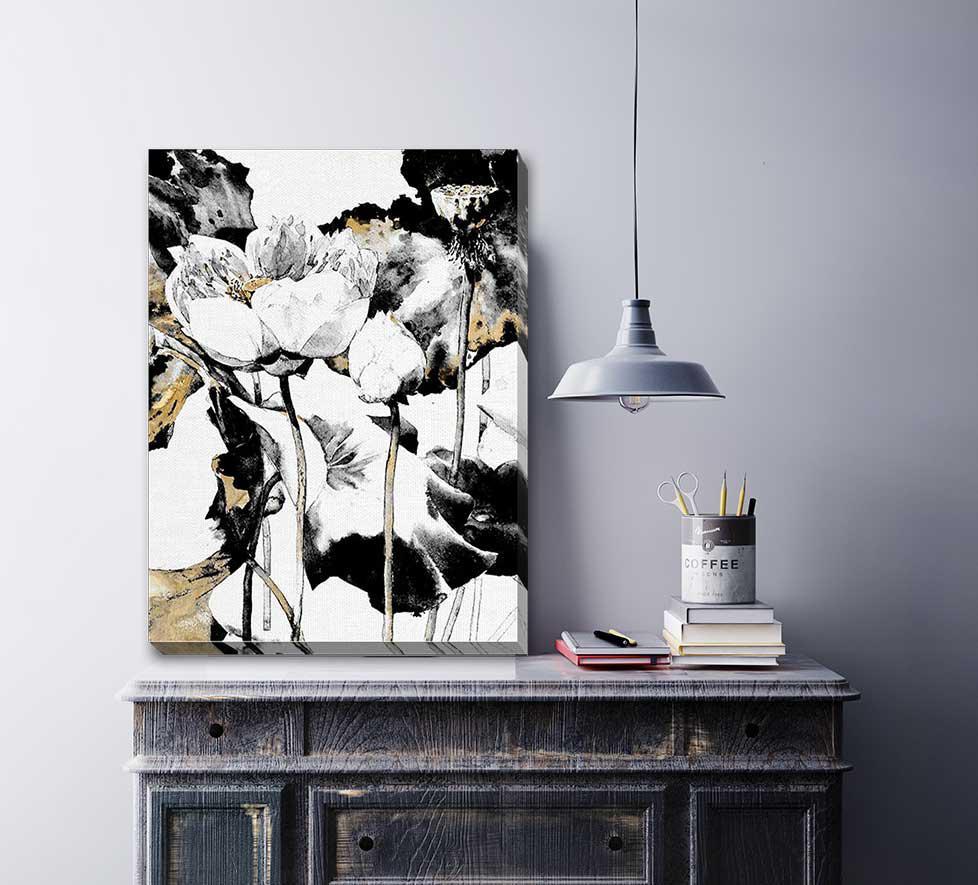 Black White Gold Lotus Canvas Print F139