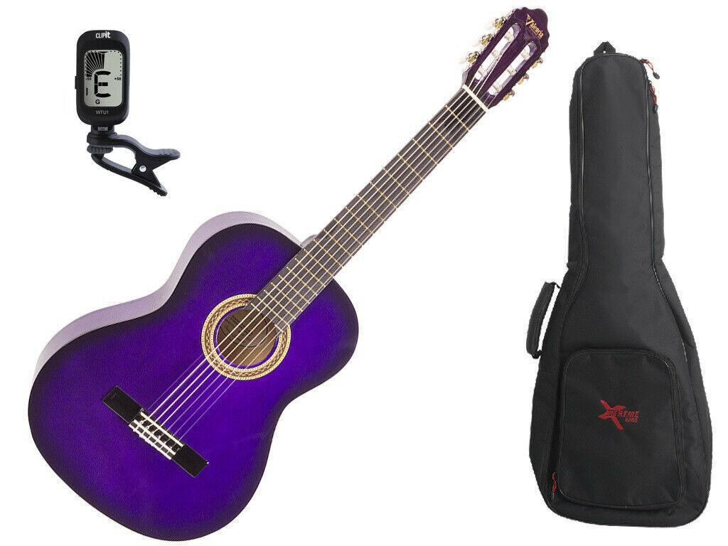 Valencia 1/4 Size Classical Guitar Pack Purple C/W Padded Bag & Clip On Tuner