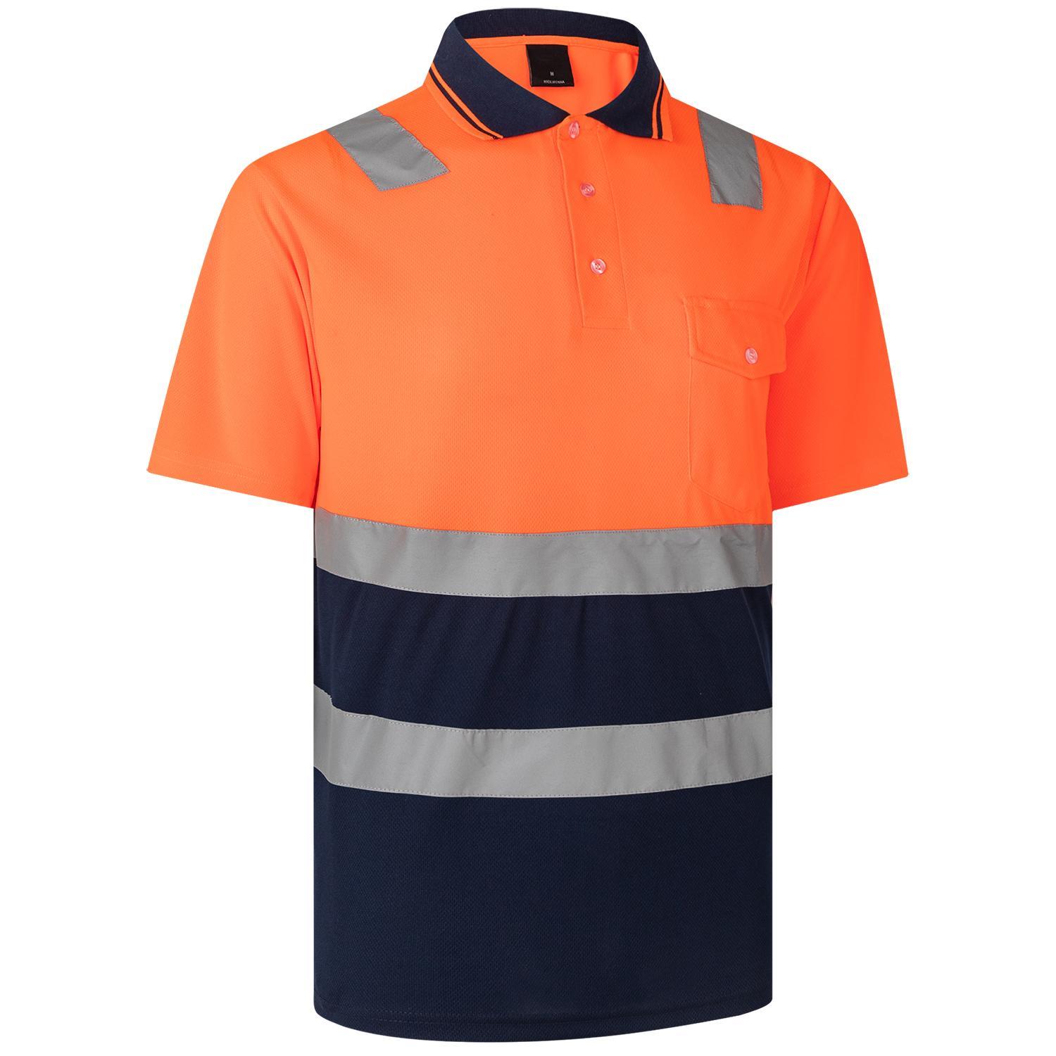 HI VIS Short Sleeve Workwear Shirt w Reflective Tape Cool Dry Safety Polo 2 Tone - Fluoro Orange / Navy, XS