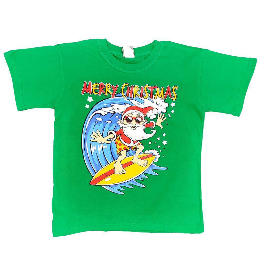 New Kids Christmas Xmas T Shirt Tee Tops 100% Cotton Boys Girls Gift Red White - Santa Surf (Green) (Size:0/XS (For age 0-1))