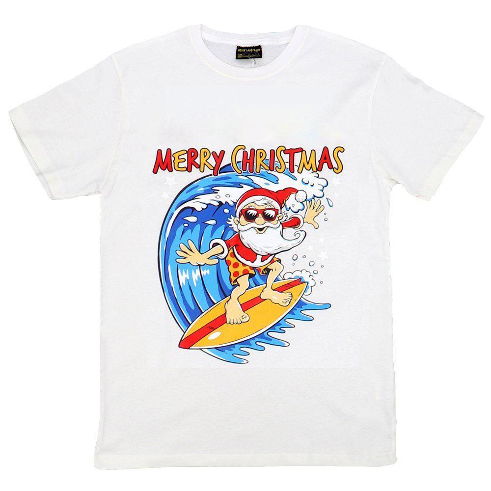New Kids Christmas Xmas T Shirt Tee Tops 100% Cotton Boys Girls Gift Red White - Santa Surf (White) (Size:2/S (For age 1-4))