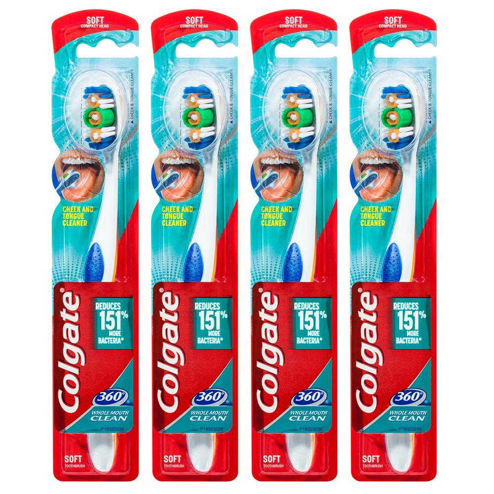 4PK Colgate 360deg Clean Soft Bristles Toothbrush w/Cheek/Tongue Cleaner Assorted