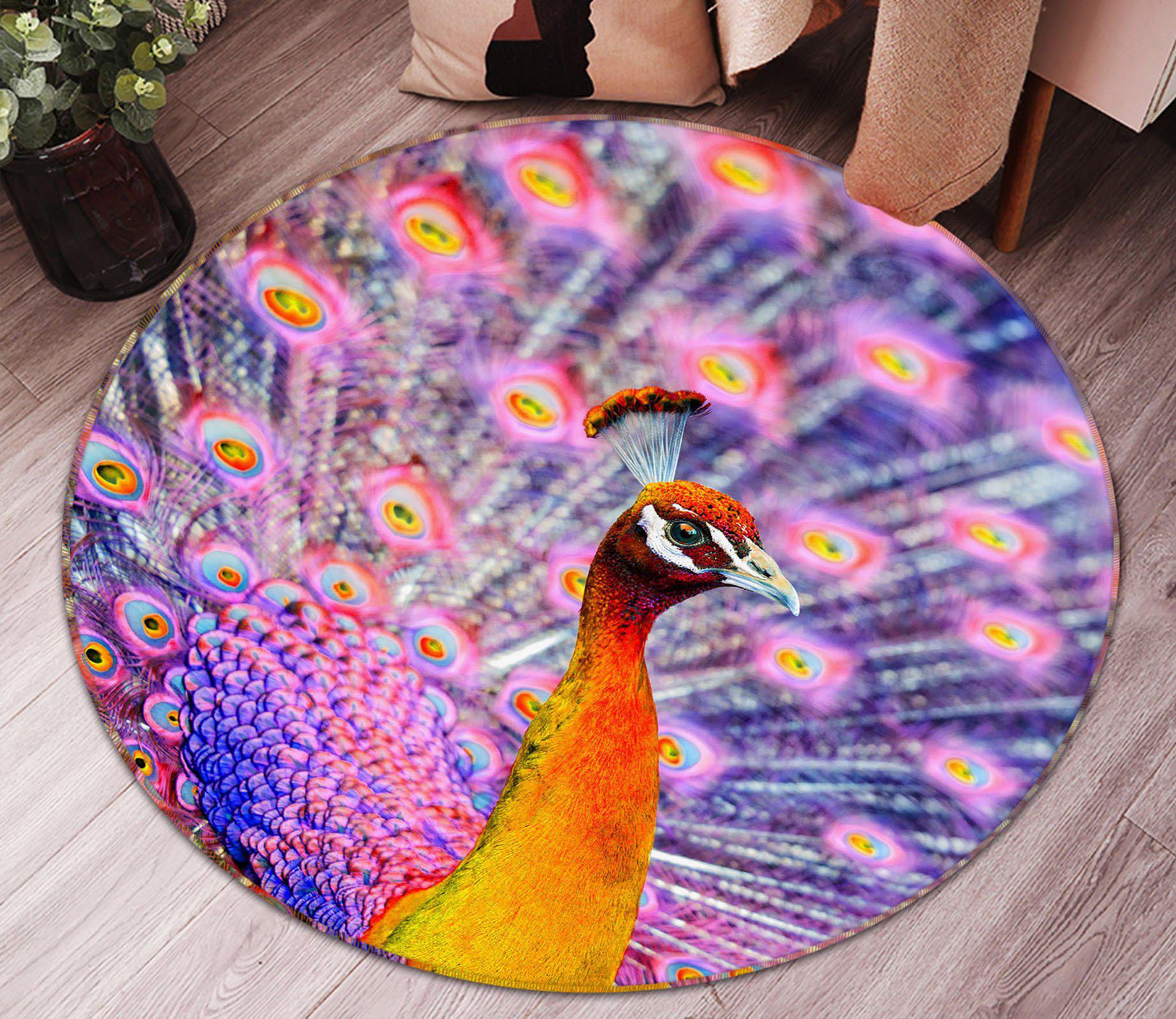 3D Fuchsia Peacock 37203 Animal Round Non Slip Rug Mat