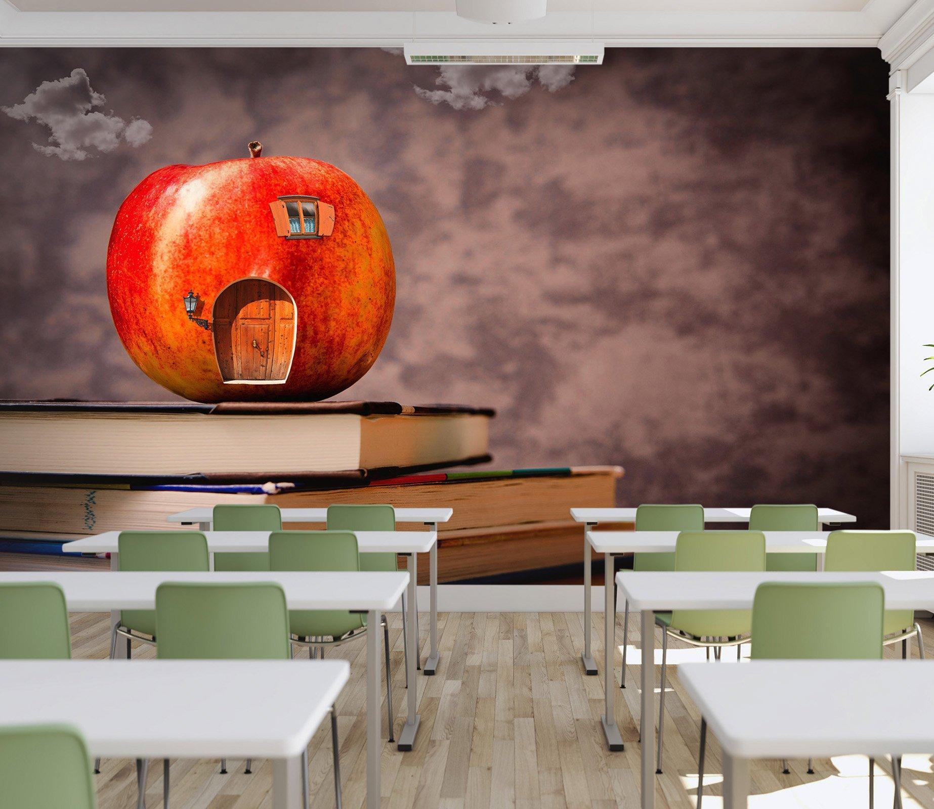 3D Apple house with books 02 Wall Murals Woven paper (need glue), XXXXL 520cm x 290cm (WxH)(205''x114'')