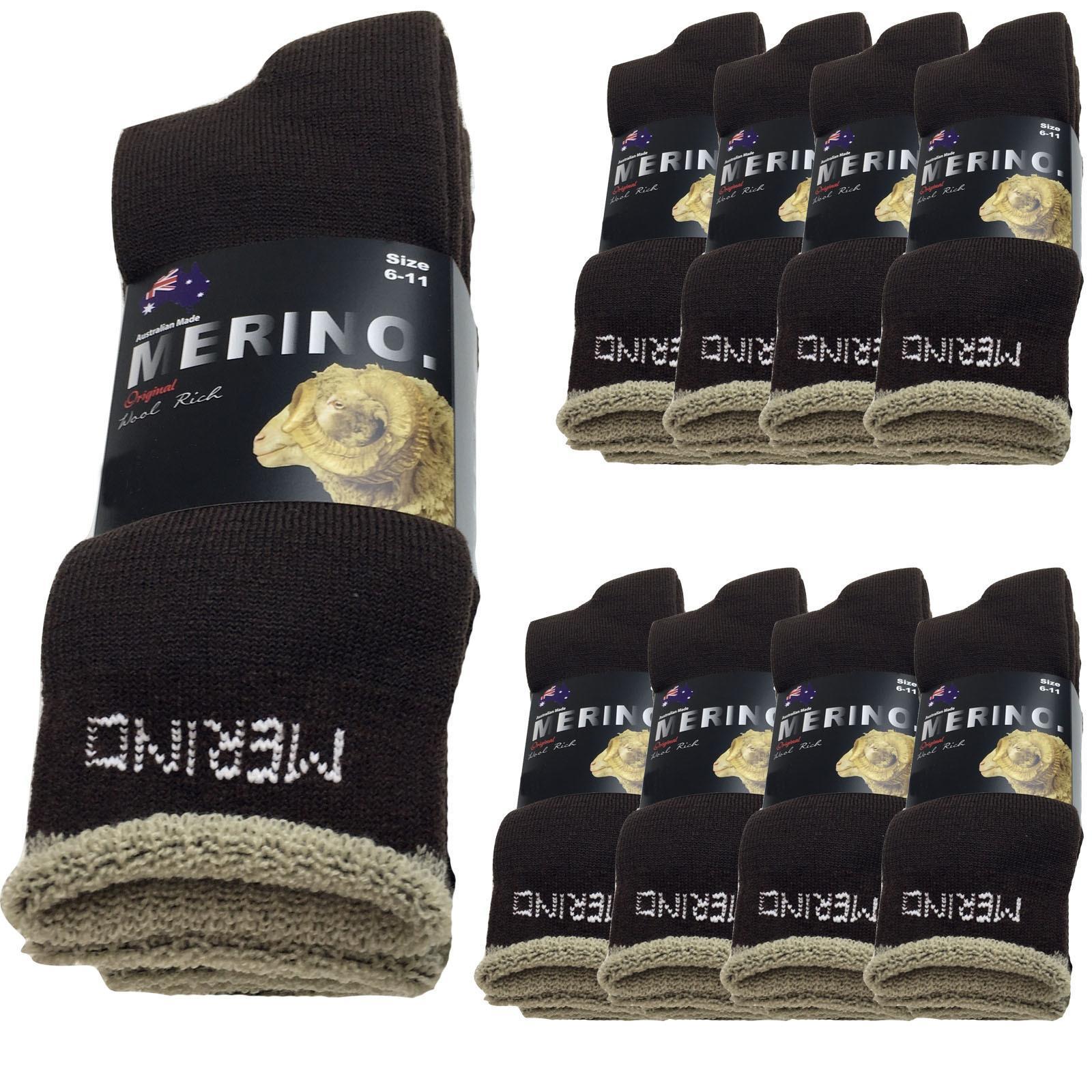 9 Pairs MERINO WOOL SOCKS Mens Heavy Duty Premium Thick Work Socks Cushion BULK - Brown - 6-11