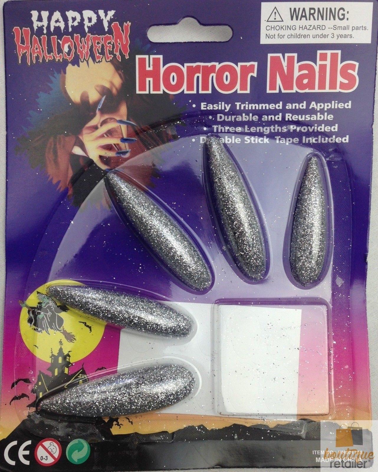 10x Long GLITTER HORROR NAILS Halloween Party Costume Accessory Vampire Witch - Silver