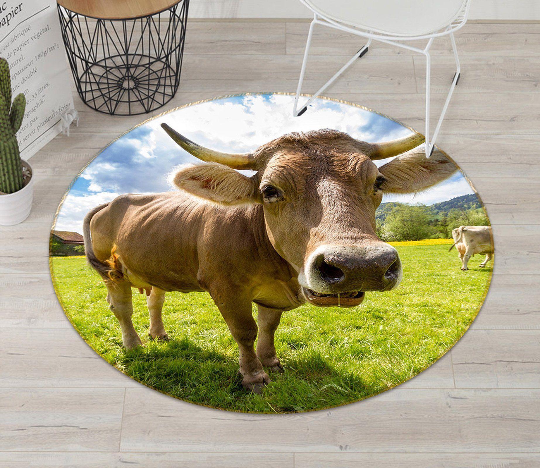 3D Prairie Cattle 027 Animal Round Non Slip Rug Mat, 160cm(63'')