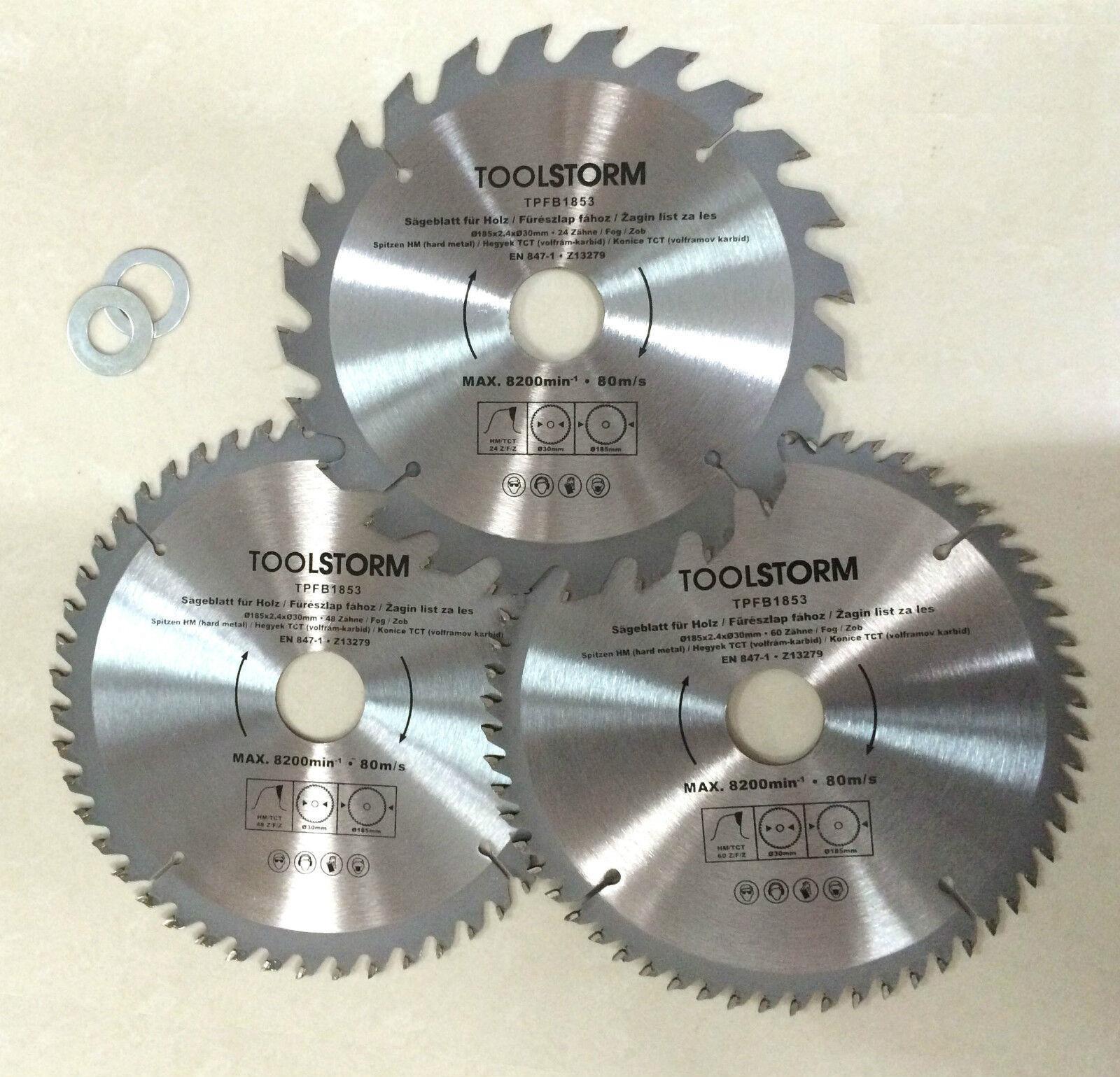 3PC Circular Saw Blades 185mm 24T,48T,60Teeth 30MM BORE With 3 Reduction