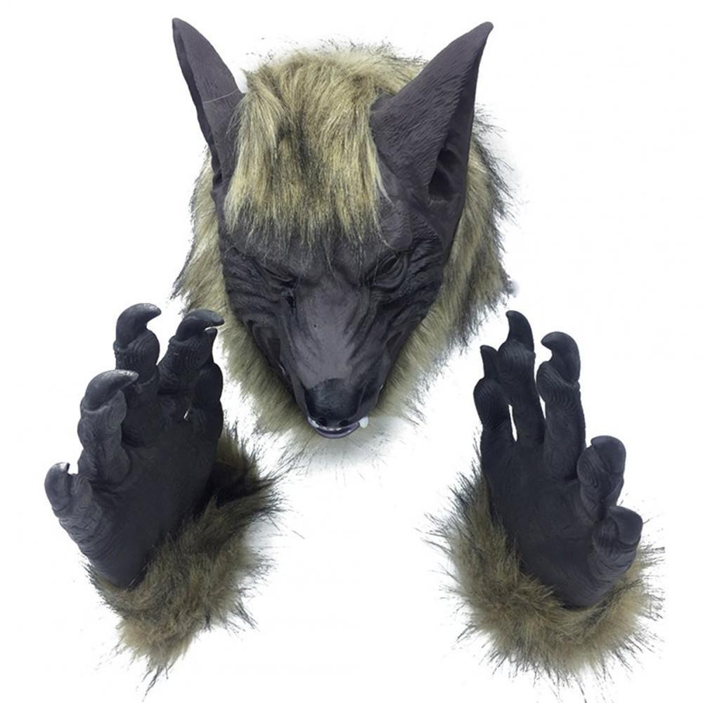 Head Full Face Horror Masquerade Masks Halloween Props Grey wolf + gloves