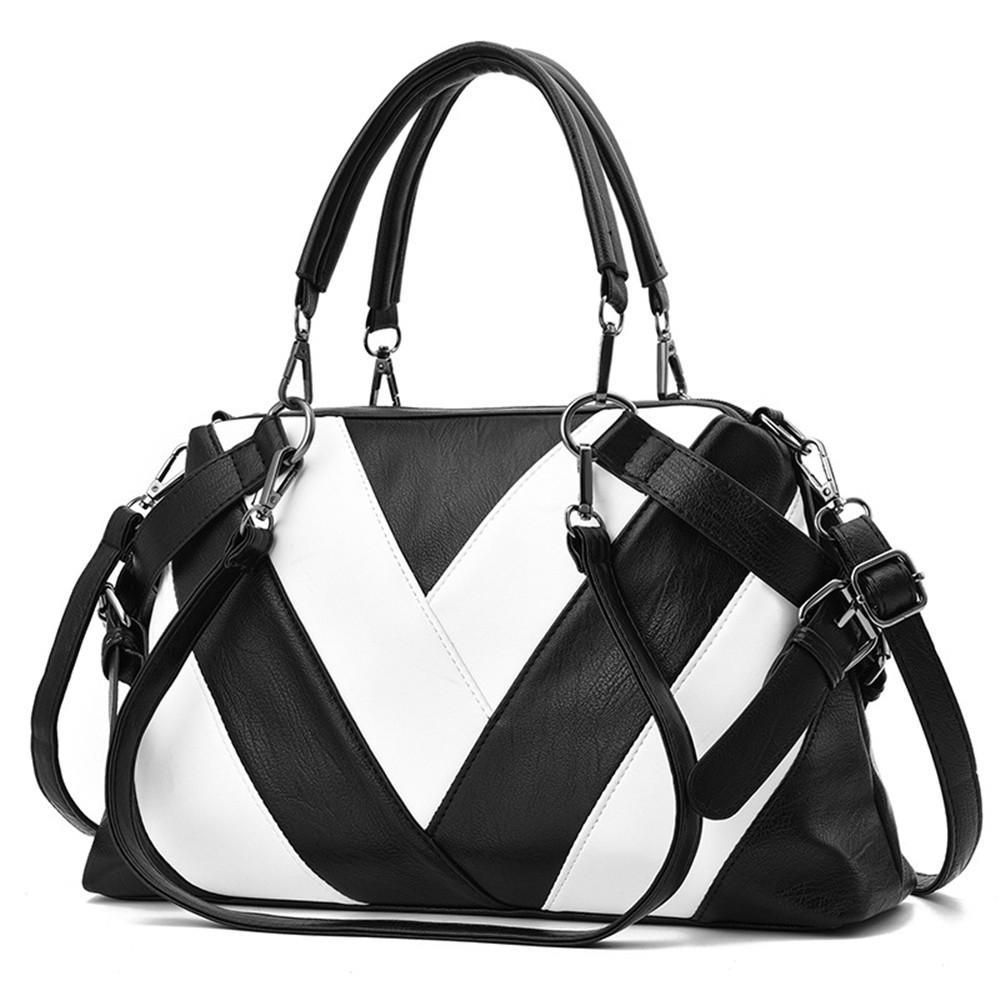 Women Handbags Black and white v-type Pu Leather Totes Bag Top-handle patchwork striped Bag Shoulder Bag Lady Hand Bags