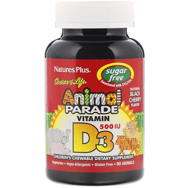 Nature's Plus Source of Life Animal Parade Vitamin D3 - Sugar Free Natural Black Cherry Flavour, 500 IU, 90 Animal Shaped Tablets