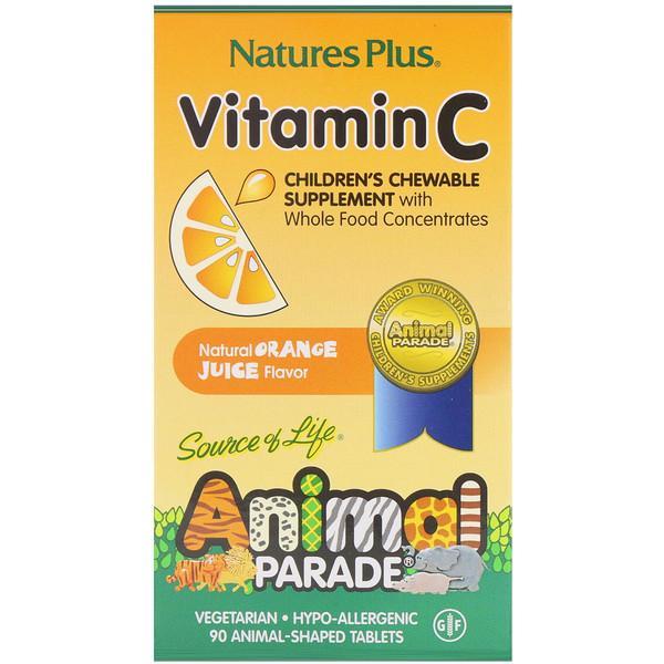 Nature's Plus Source of Life Animal Parade Vitamin C Children's Chewable Supplement Natural Orange Juice Flavour, 90 Animal Shaped Tablets