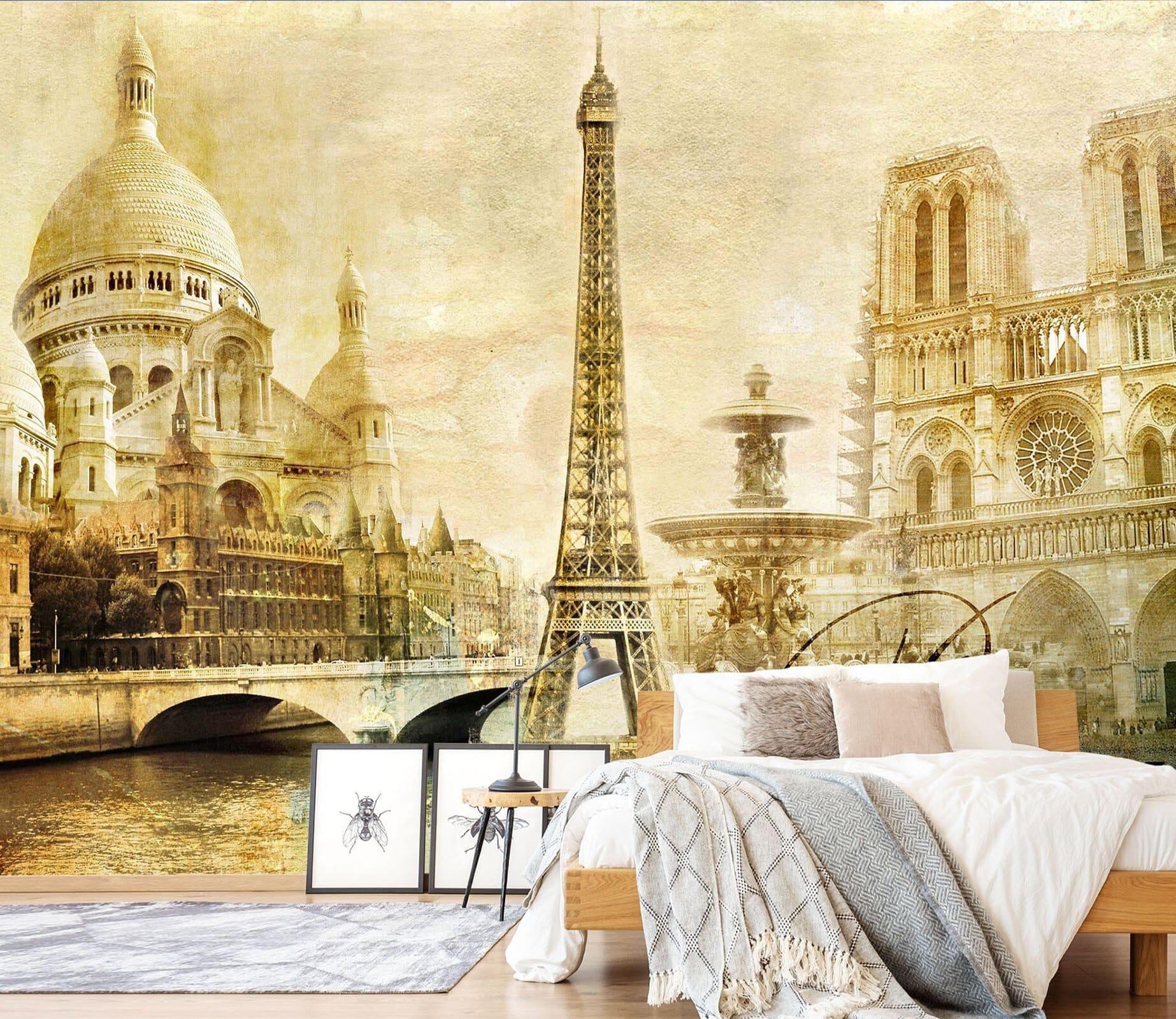 3D Yellow Retro Paris Tower 054 Wall Murals Woven paper (need glue), XL 208cm x 146cm (WxH)(82''x58'')