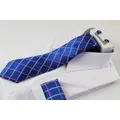 Mens Blue, Silver & Pink, Checkered Matching Neck Tie, Pocket Square, Cuff Links And Tie Clip Set