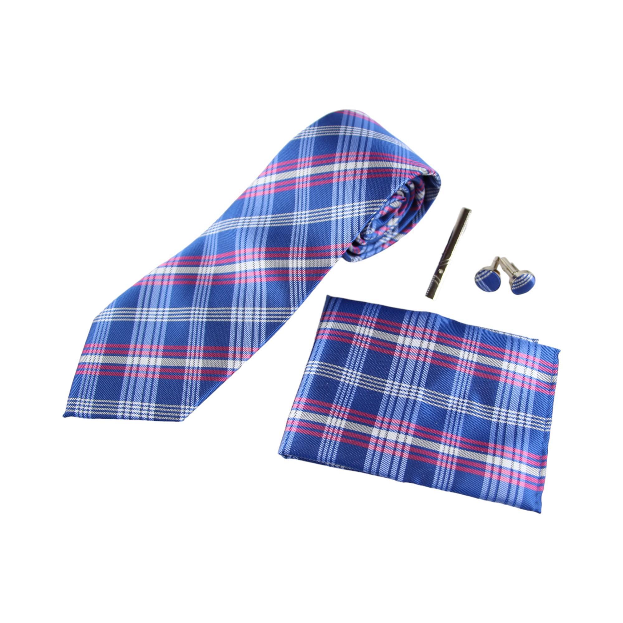 Mens Blue & Pink Checkered Matching Neck Tie, Pocket Square, Cuff Links And Tie Clip Set