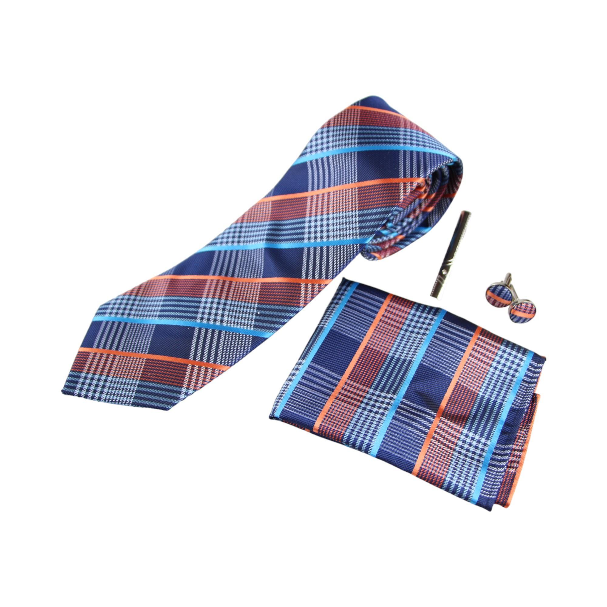 Mens Blue & Orange Checkered Matching Neck Tie, Pocket Square, Cuff Links And Tie Clip Set