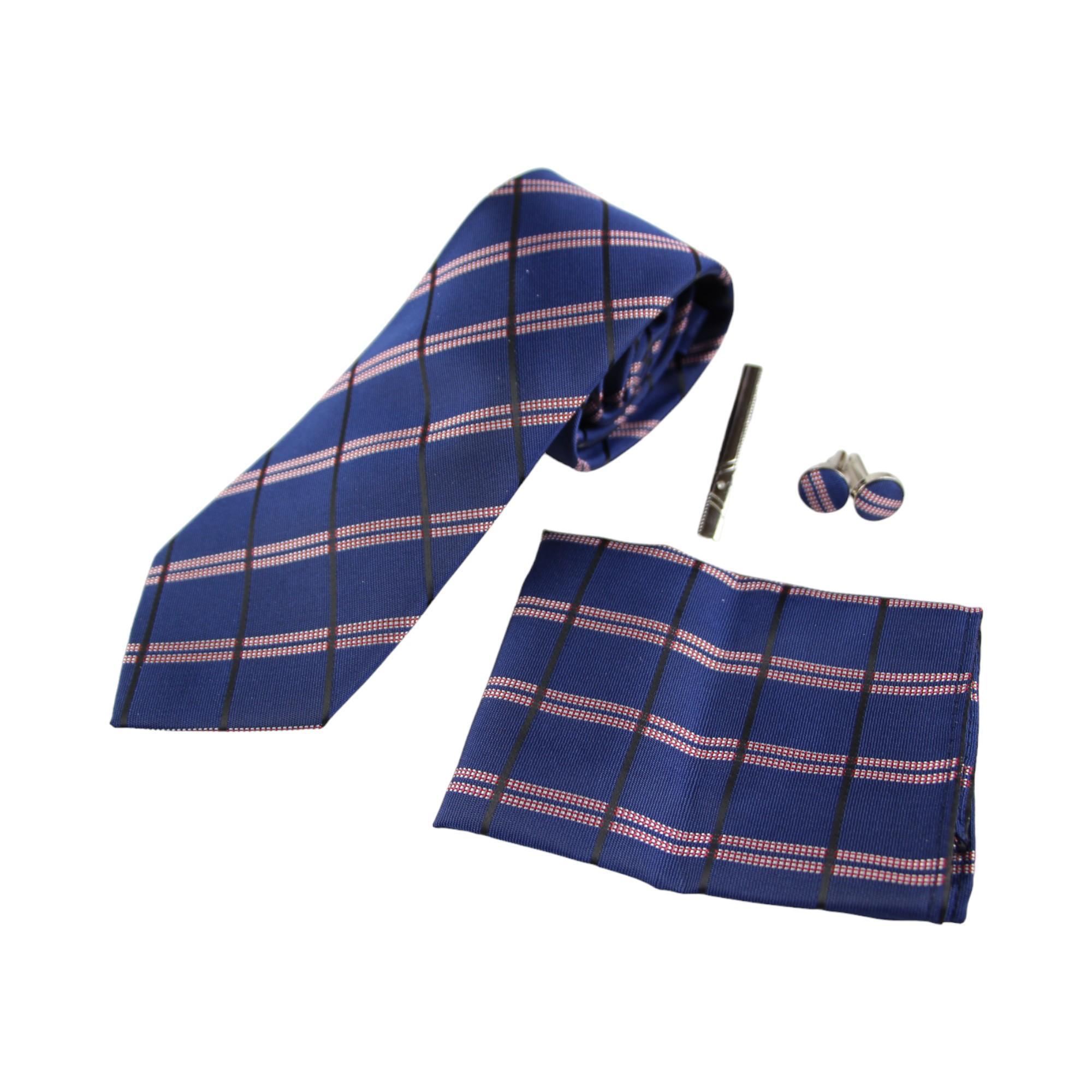 Mens Navy, Black & Red Checkered Matching Neck Tie, Pocket Square, Cuff Links And Tie Clip Set