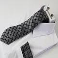 Mens Black & Silver Houndstooth Checkered Neck Tie, Pocket Square, Cuff Links And Tie Clip Set