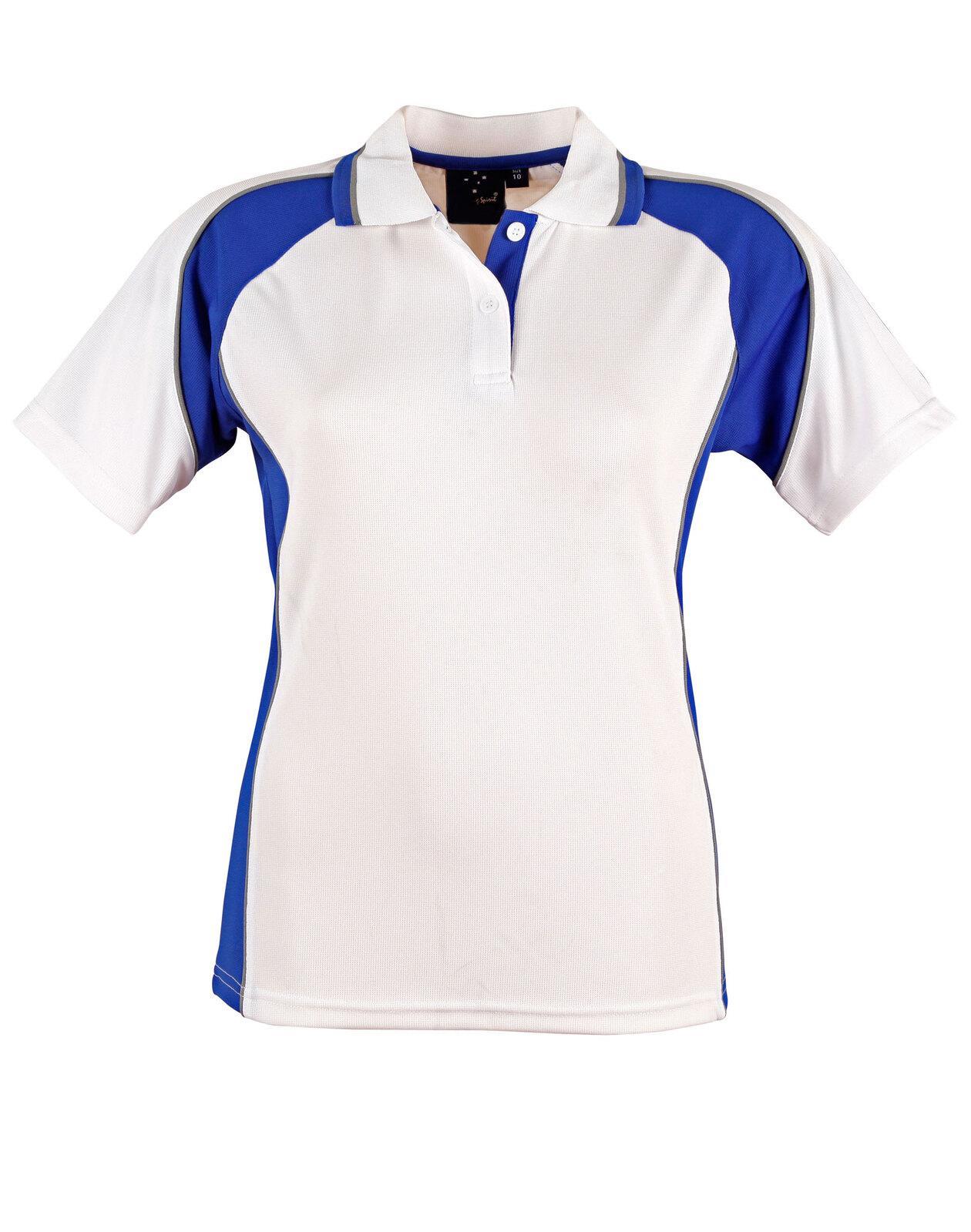 5 of PS50 Sz 08 MASCOT Tri-colour Polyester Ladies Polo Shirt White/Royal Blue