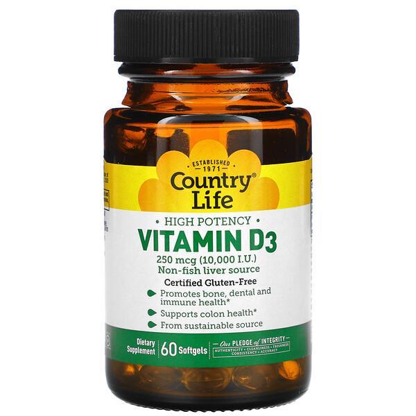 Country Life, High Potency Vitamin D3, 250 mcg (10,000 IU), 60 Softgels