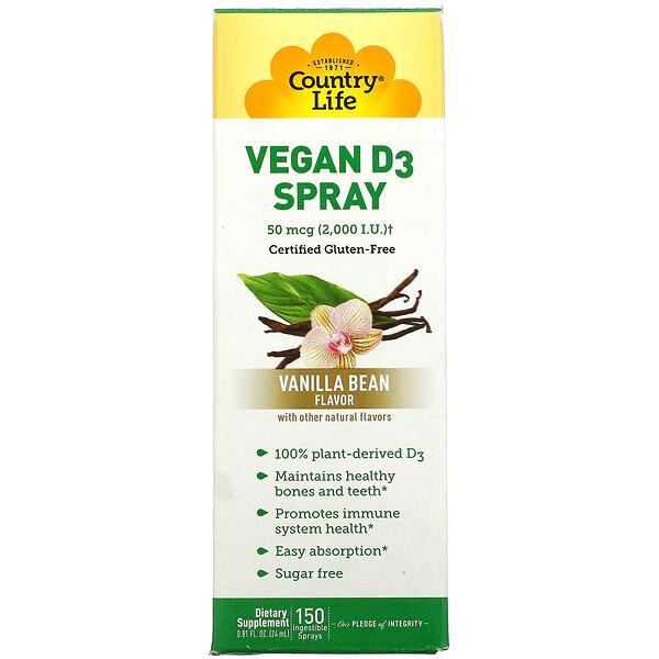 Country Life, Vitamin D3 Spray, Vanilla Bean, 50mcg (2,000 IU), 150 Ingestible Sprays (24ml)