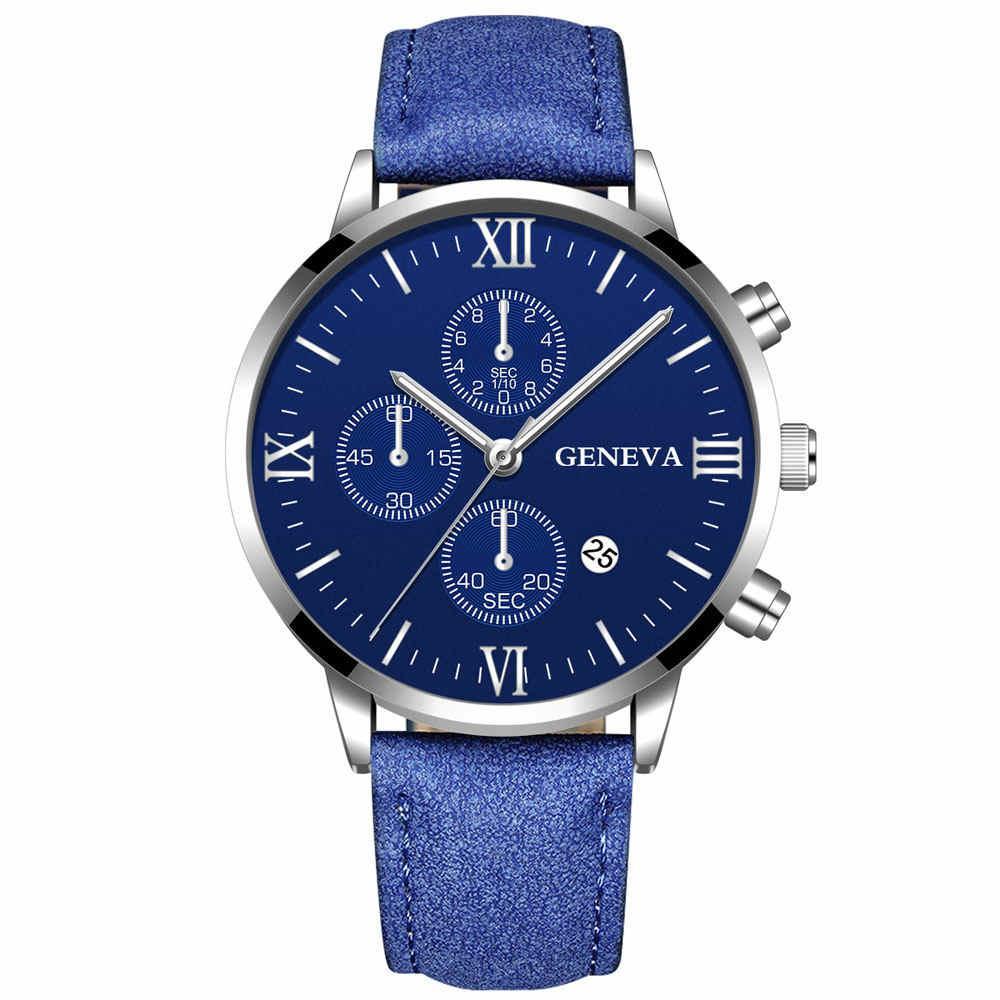 2 Pcs Fashion Geneva Men Date Alloy Case Synthetic Leather Analog Quartz Sport Watch Male Clock