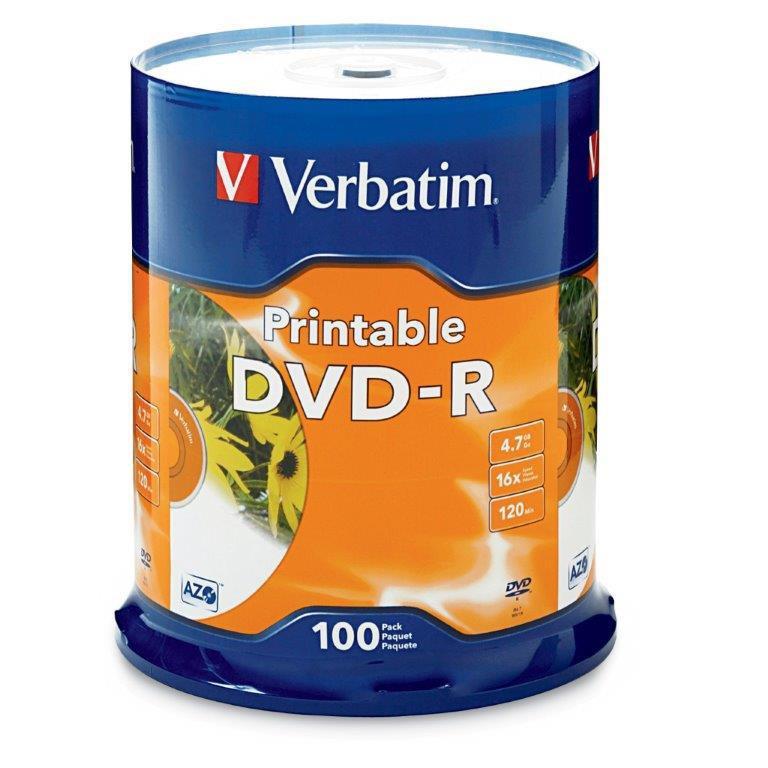 100 x Verbatim blank DVD-R 16x 4.7GB - White Inkjet Printable DVD Discs