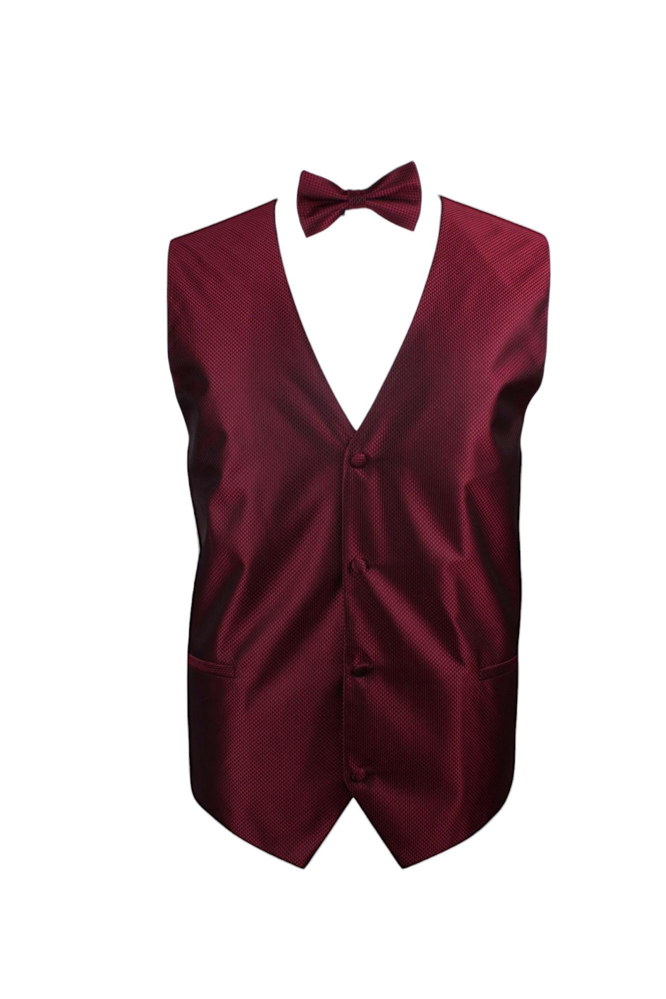 Mens Dark Red Checkered Patterned Vest Waistcoat & Matching Bow Tie