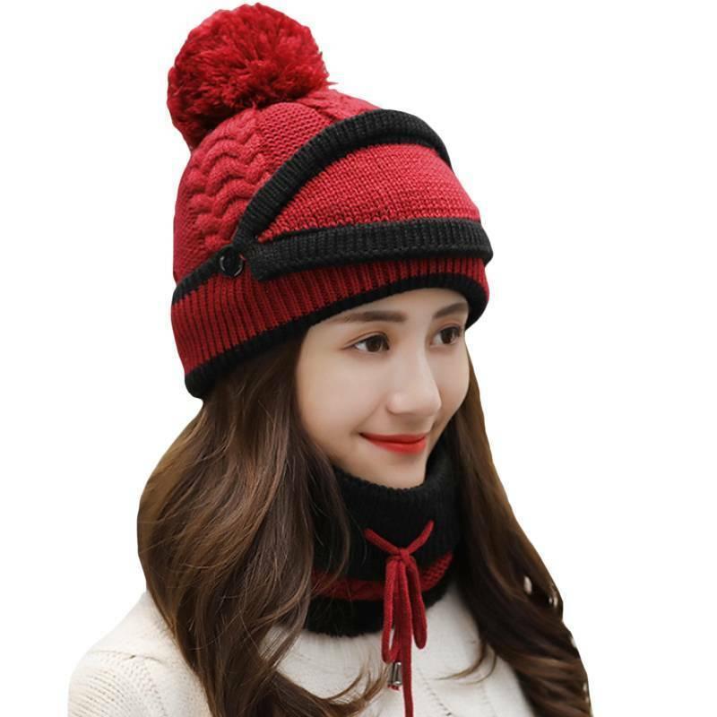GoodGoods Winter Beanie Ski Cap + Warmer Snood Tube + Knit Mask Face Cover Set(Wine Red)