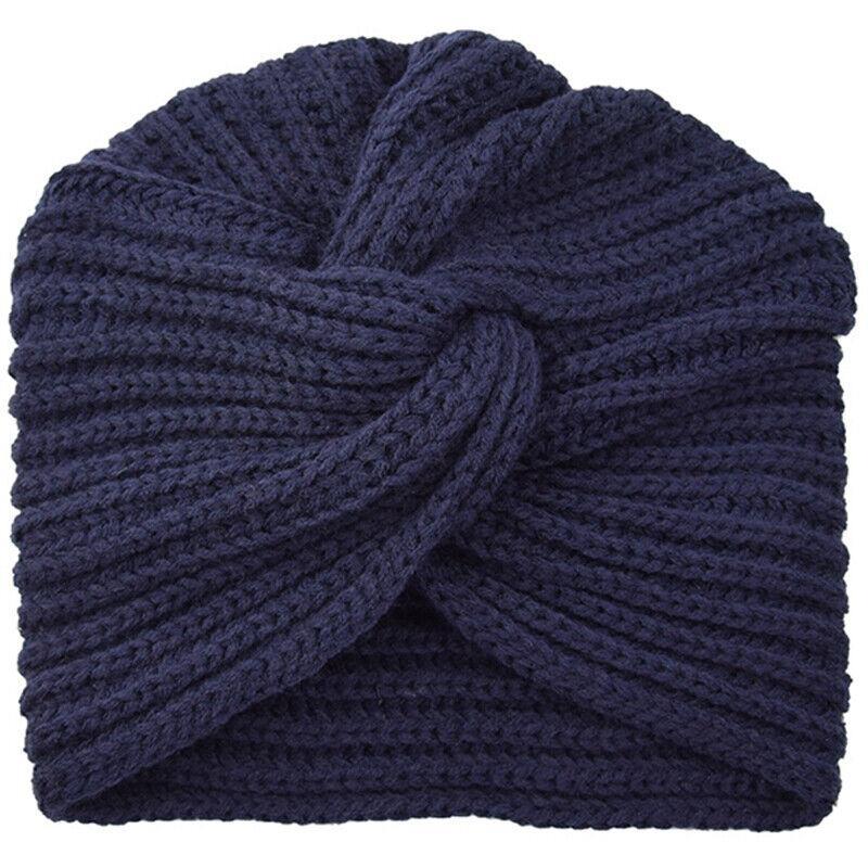 GoodGoods Turban Chunky Knitted Beanie Knot Headband Crochet Hat Hairband Cap(Navy Blue)