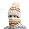 GoodGoods Striped Winter Beanie Hat Scarf Set Neck Warmer Knitting Cap Pom Pom Hats(Beige)