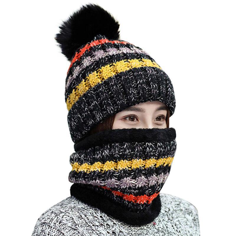 GoodGoods Striped Winter Beanie Hat Scarf Set Neck Warmer Knitting Cap Pom Pom Hats(Black)