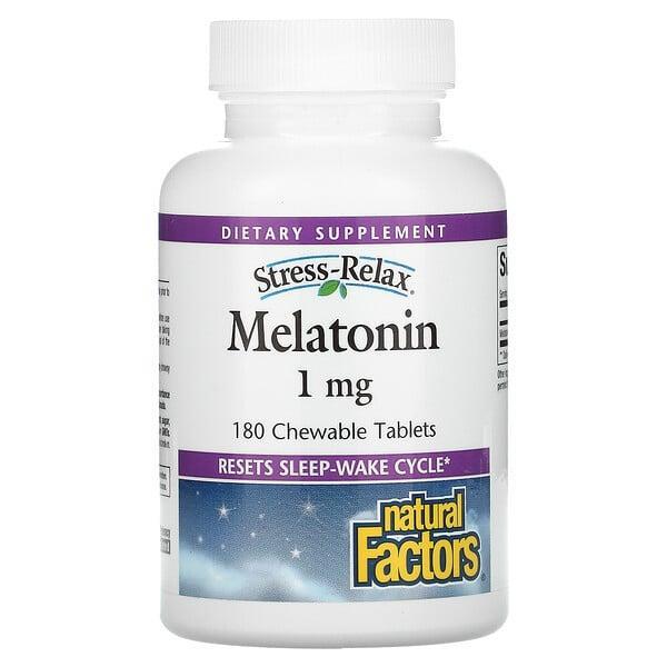 Natural Factors Stress Relax, Melatonin Sleep & Wake Cycle Support, 1mg, 180 Chewable Tablets