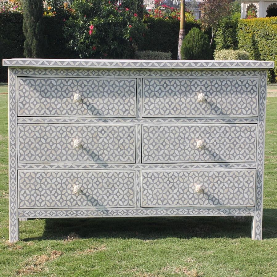 Zohi Interiors Bone Inlay Chest with 6 Drawers in Eye Design/Dove Grey