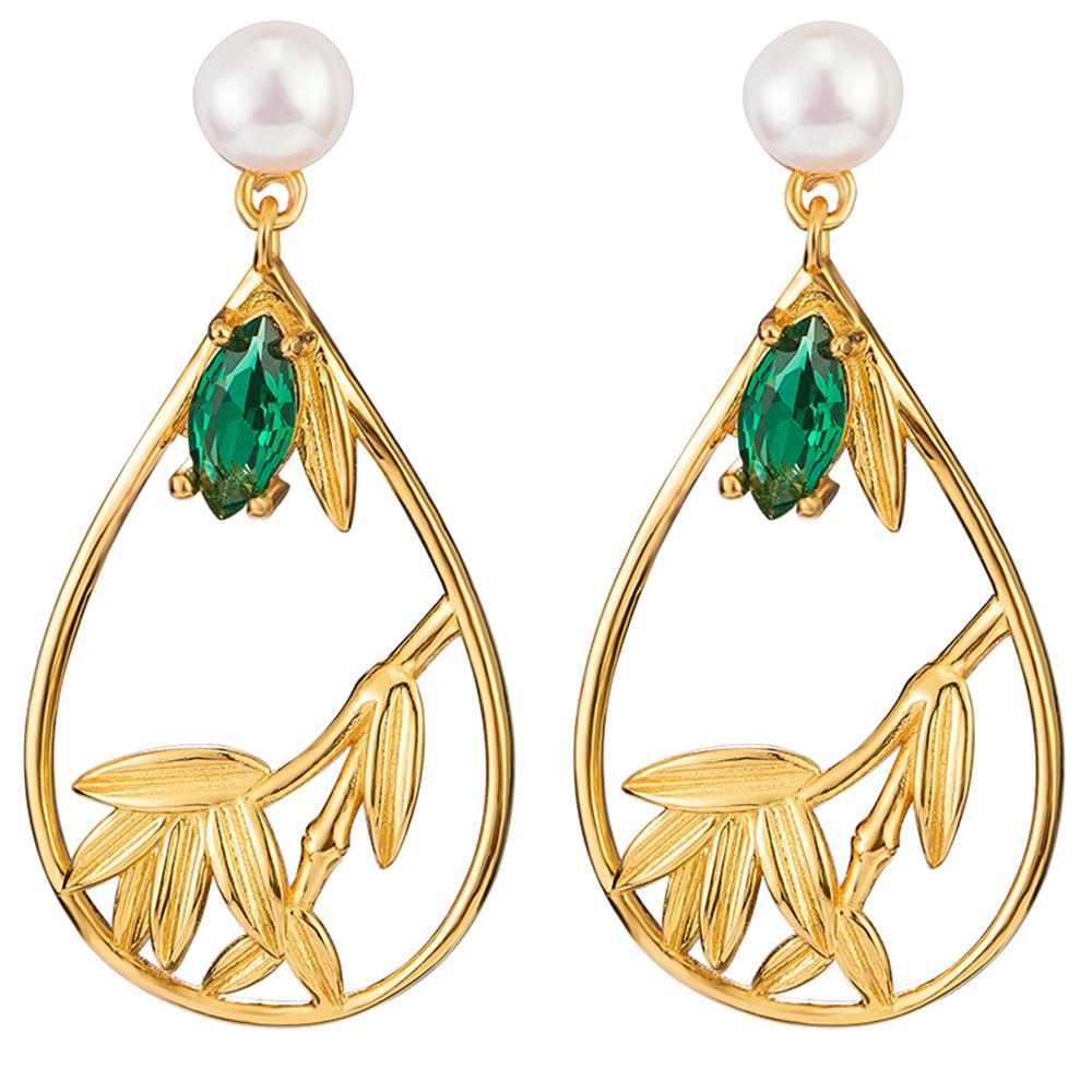 Gilding Fashion Personalized Water Drop Bamboo Leaf Earrings Women's Inlaid Creative Design Leaf Earrings