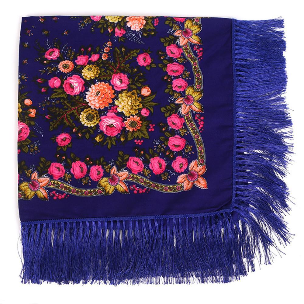Women Large Size Russian National Square Scarf Cotton Flower Pattern Print Headscarf Wraps Ladies Retro Fringed Blanket Shawl