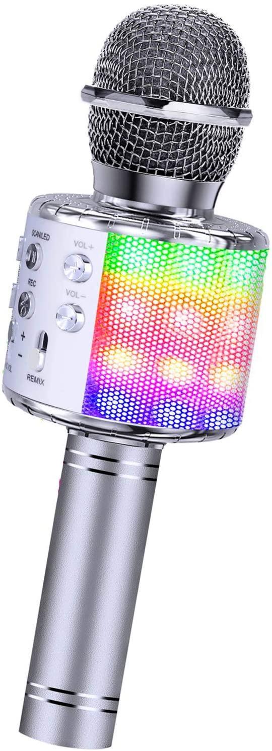 Karaoke Microphone 4 in 1 Bluetooth Karaoke Microphone Wireless Handheld Microphone Portable Speaker Machine Home KTV Player with Record Function for Android & iOS Devices(Silver)