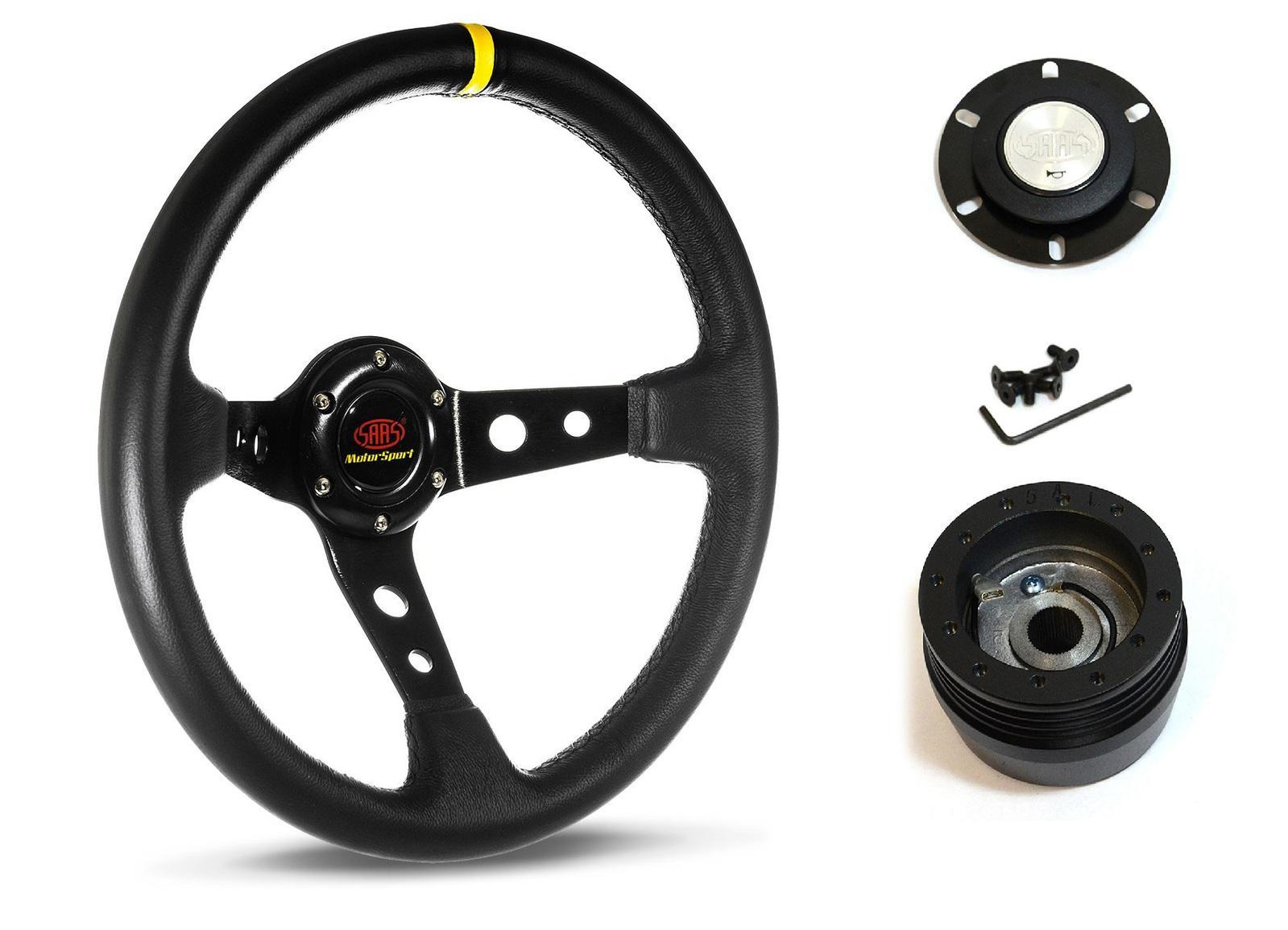 SAAS Steering Wheel Leather 14" ADR GT Deep Dish Black With Holes + Indicat SWGT2 and SAAS boss kit for Ford Corsair All Models 1988-1996