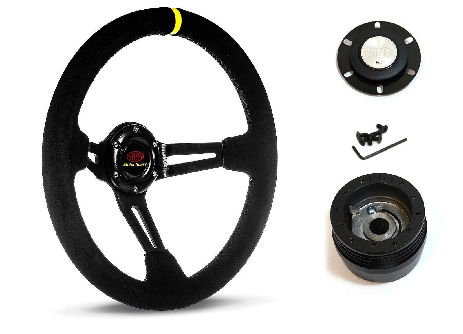 SAAS Steering Wheel Suede 14" ADR Deep Dish Black Slotted + Indicator SWE1 and SAAS boss kit for Ford Falcon XG Ute 1997