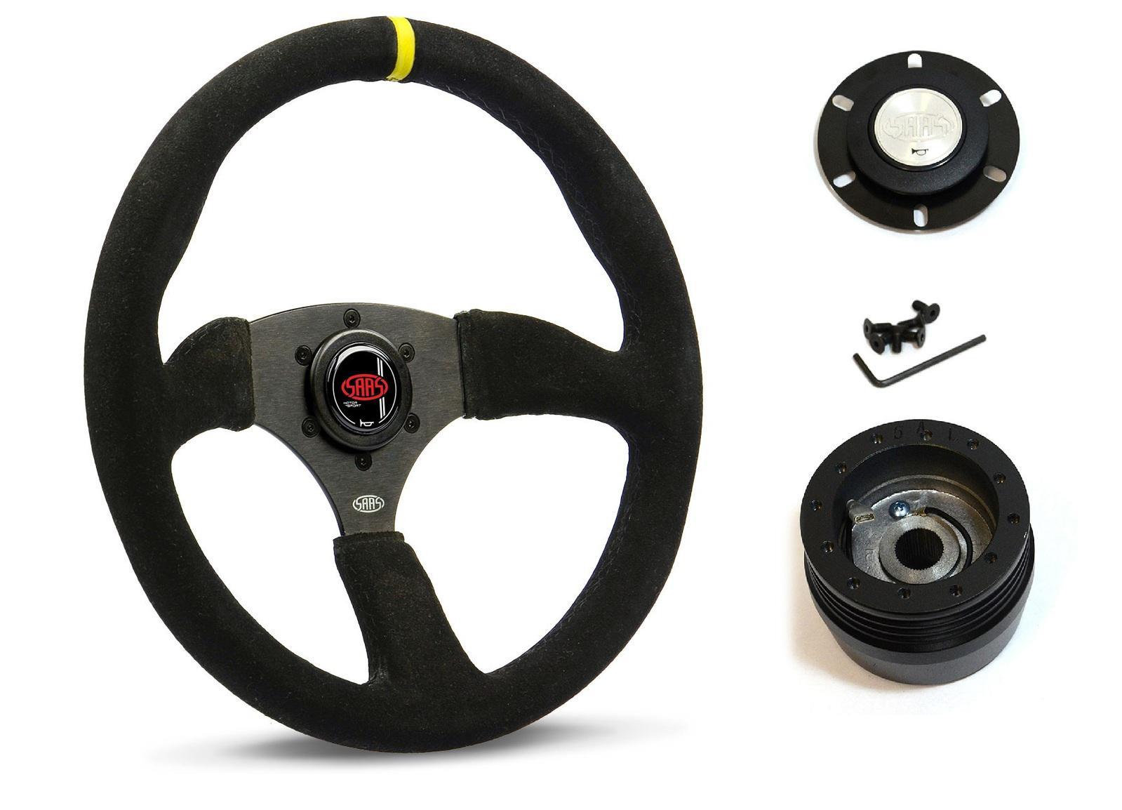 SAAS Steering Wheel Suede 14" ADR Tokyo Motorsport Black Spoke + Indicator SWMS2 and SAAS boss kit for Holden Nova LG 1993-1997