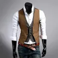 Vicanber Men V-Neck Casual Business Dress Vest Suit Slim Fashion Tuxedo Waistcoat Coat (Camel,L)