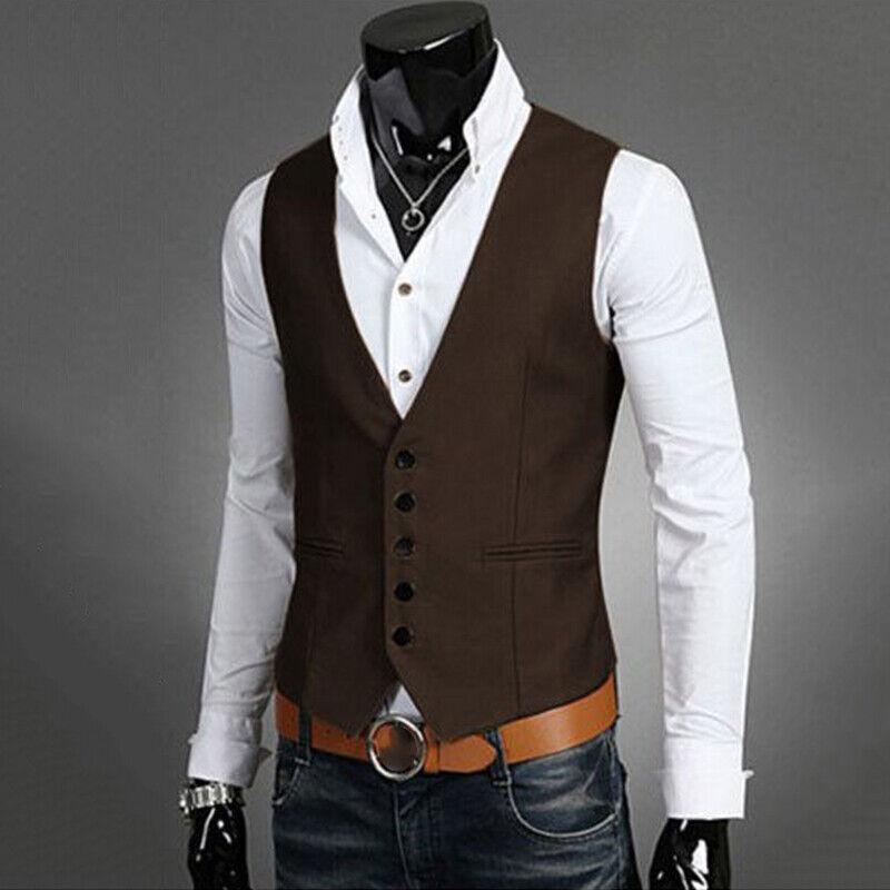 Vicanber Men Retro Formal Business Tops Waistcoat Vests Suit Slim Fit Wedding Jacket Coat (Dark Brown,L)