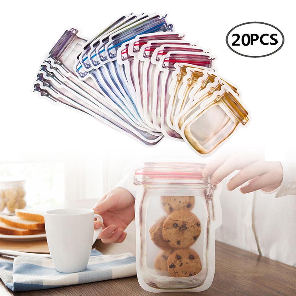 Set of 20pcs Mason Jar Ziplock Bags Fresh Food Storage Bags Reusable Nuts Candy Cookies Bags Sealed Kitchen Organizers