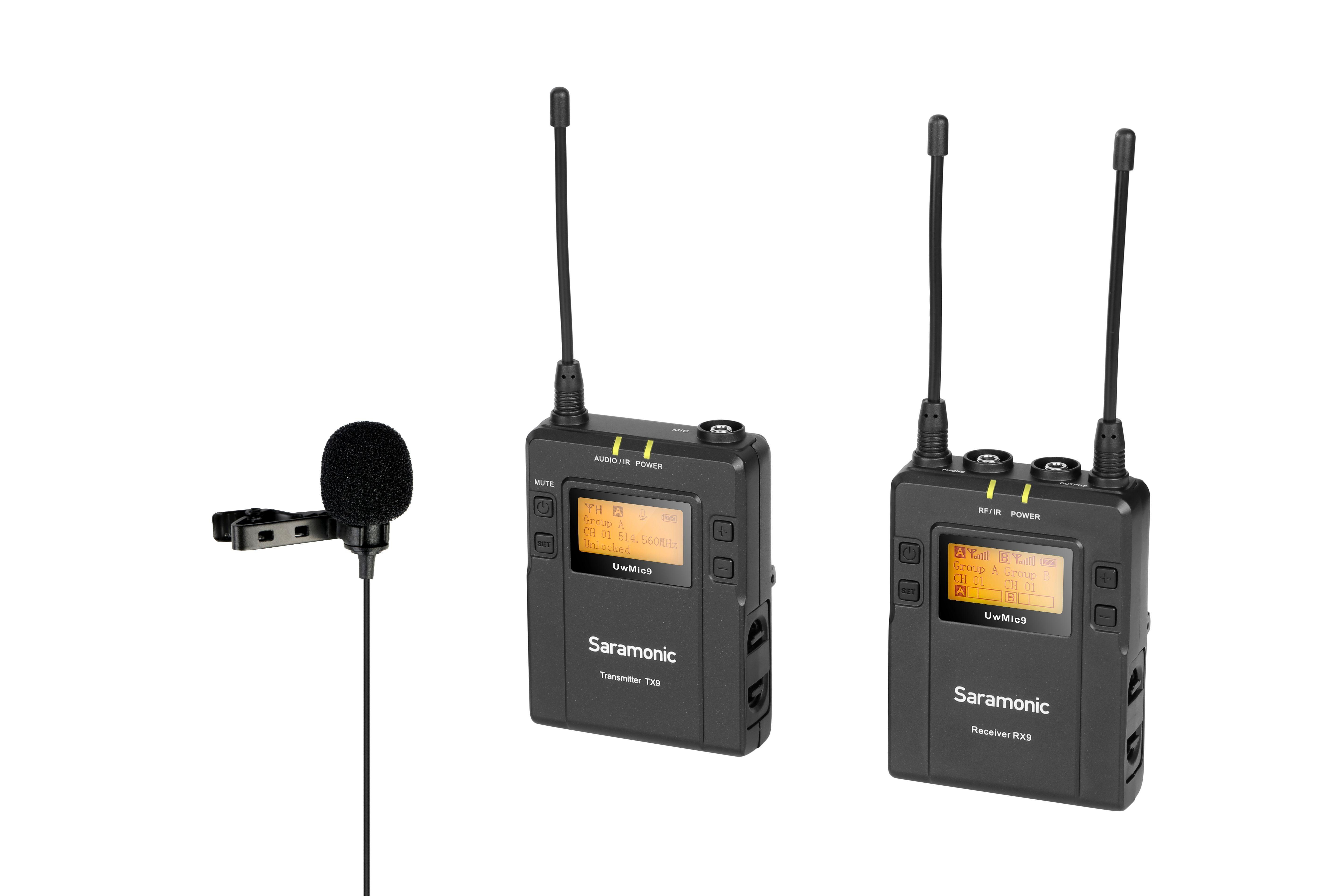 SARAMONIC UWMIC9-Kit1- RX9+TX9 2 PERSON WIRELESS LAVALIER MICROPHONE SYSTEM WITH PORTABLE DUAL-CHANNEL CAMERA-MOUNTABLE RECEIVER