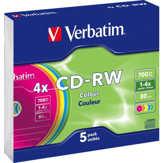 VCDRW-5 Verbatim CD-Rw 5Pk 2X-4X Coloured Slim Case