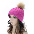 Vicanber Fur Pom Pom Bobble Warm Beanie Hat Wool Knit Crochet Snow Ski Cap(Rose Red)