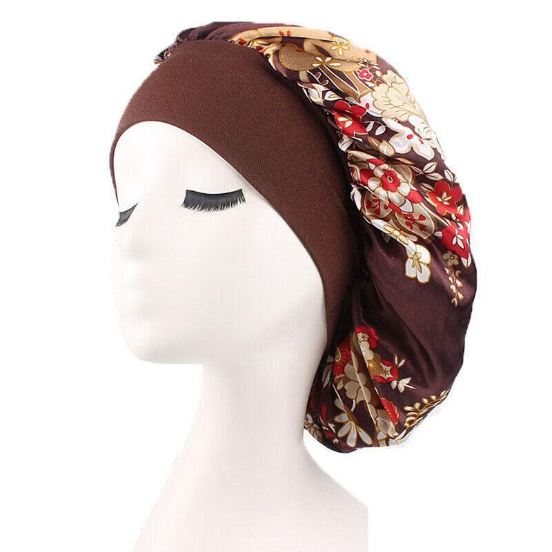 Vicanber Silk Night Sleep Cap Hair Bonnet Floral Hat Head Cover Satin Turban Wrap (Coffee)