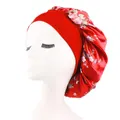 Vicanber Silk Night Sleep Cap Hair Bonnet Floral Hat Head Cover Satin Turban Wrap (Red)